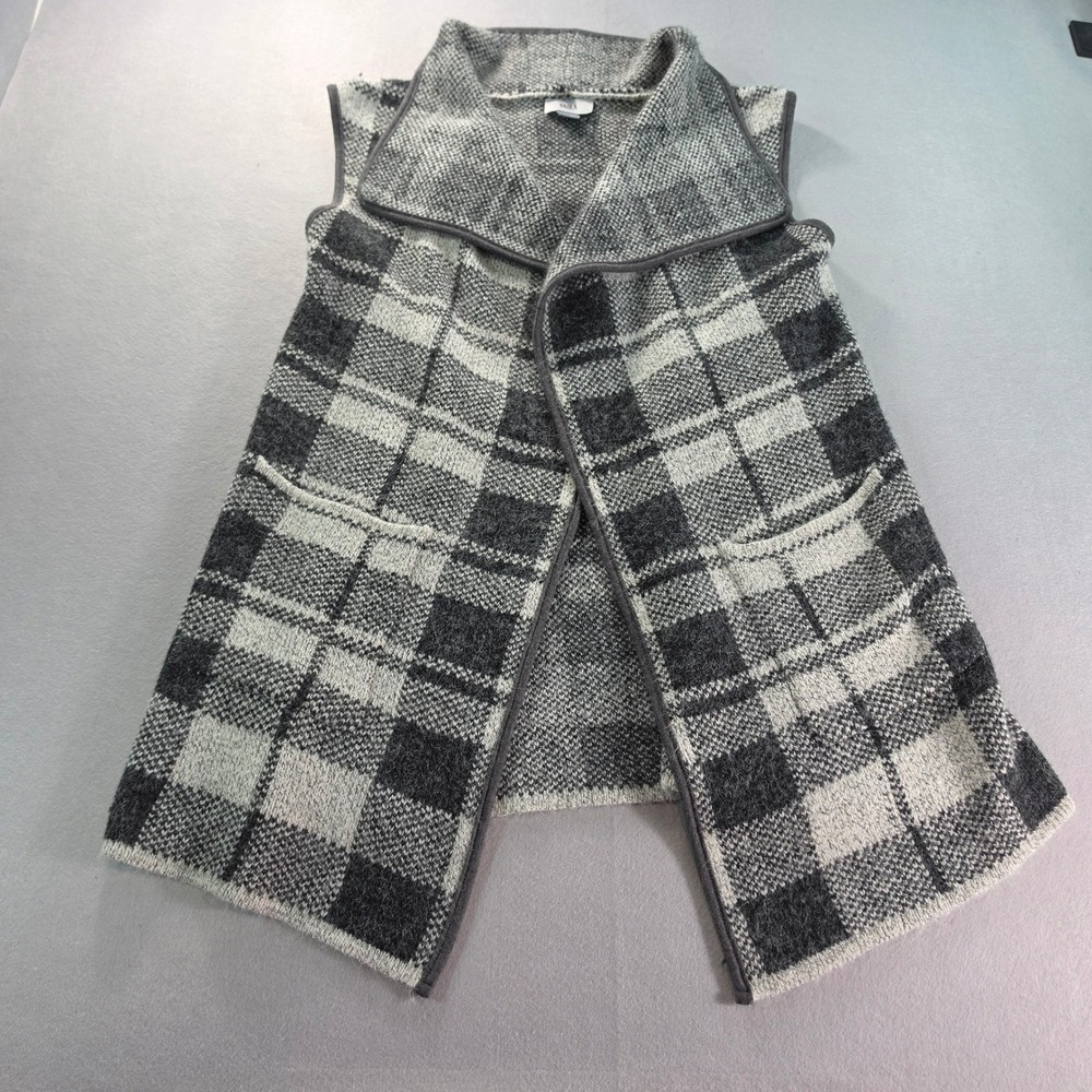 Yaira Womens Plaid Open Front Knit Vest Grey Black Shawl Collar Pockets Medium